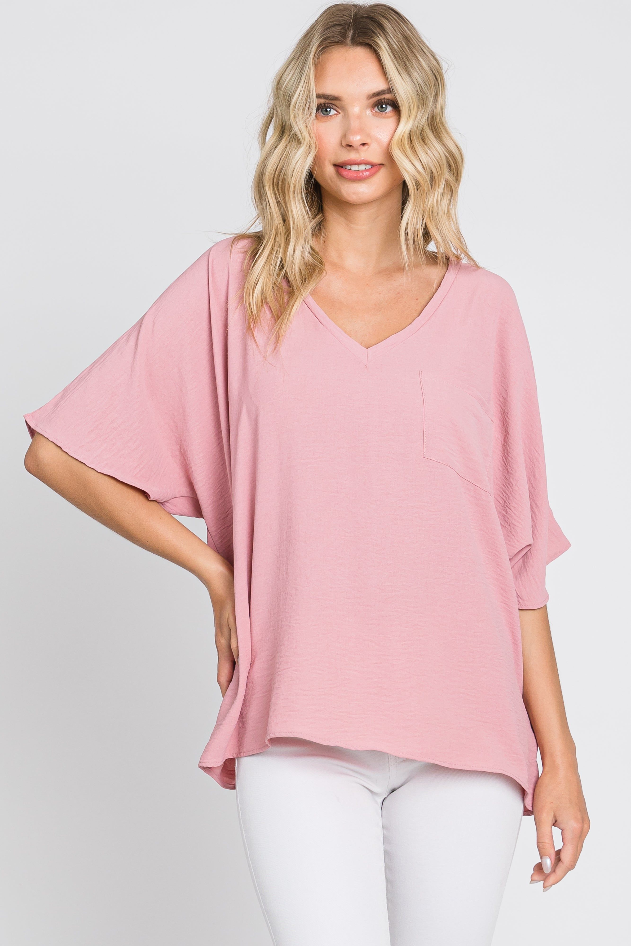 Mauve Oversized V-Neck Pocket Front Blouse sold by Pinkblush