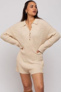 Beige Button Up Sweater Romper sold by Pinkblush