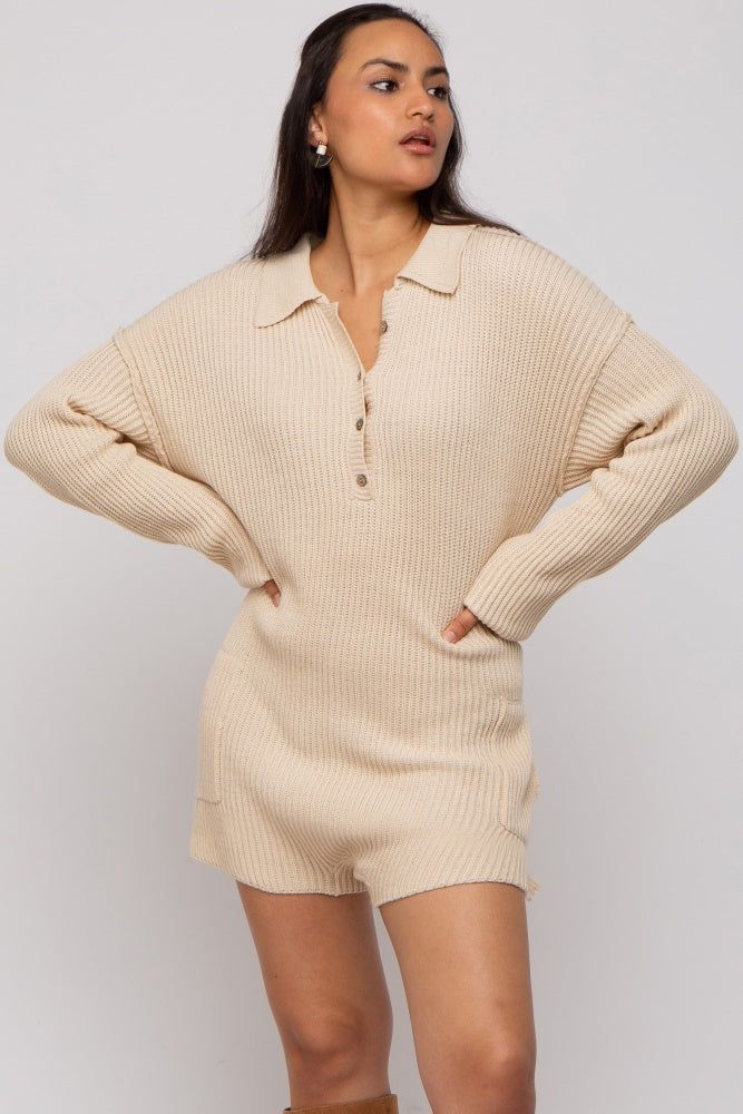 Beige Button Up Sweater Romper sold by Pinkblush product image thumbnail 3