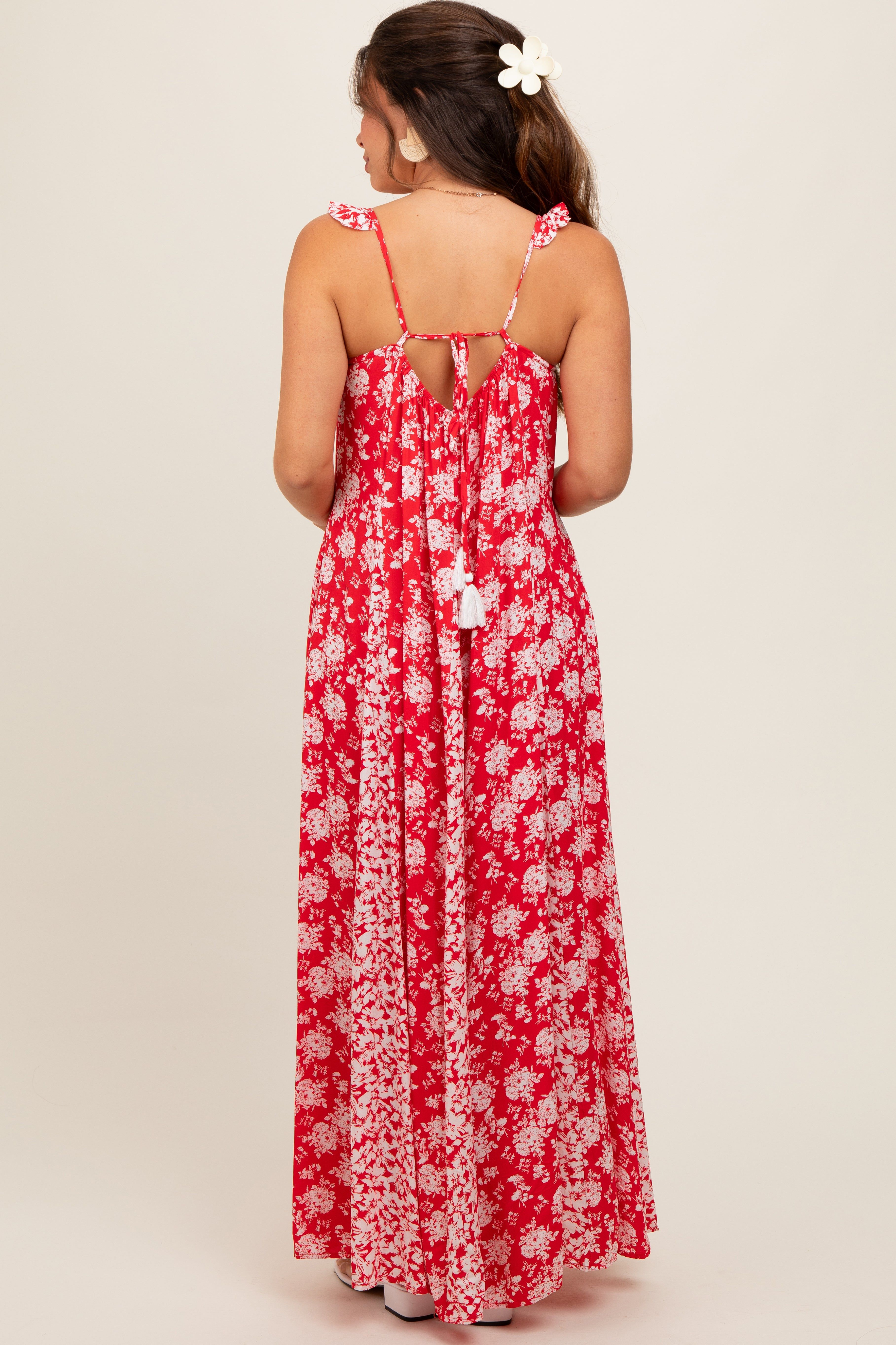 Red Floral Ruffle Shoulder Cut-Out Back Maternity Maxi Dress sold by Pinkblush product image thumbnail 3