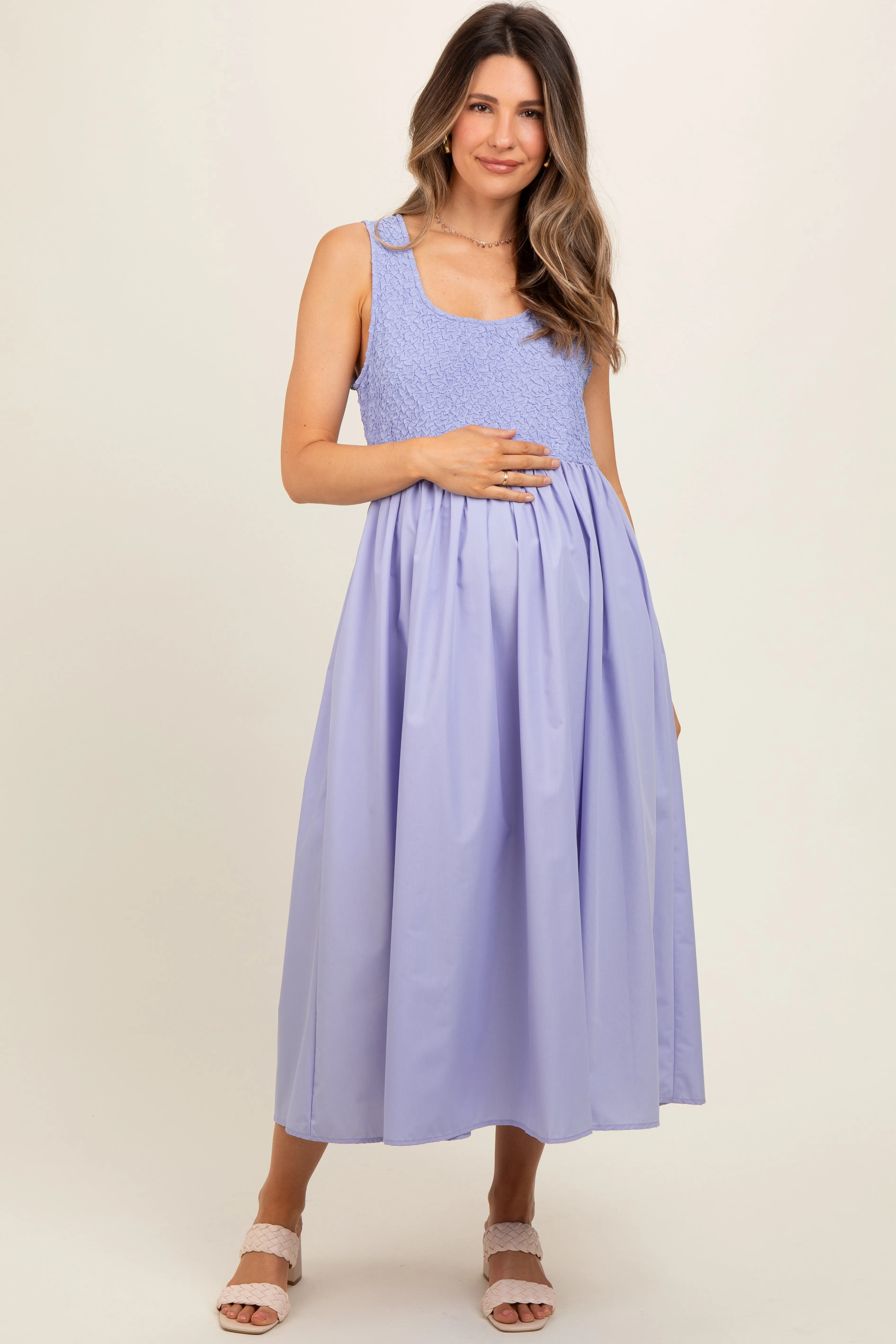 Periwinkle Textured Scoop Neck Sleeveless Maternity Midi Dress sold by Pinkblush