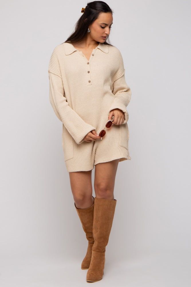 Beige Button Up Sweater Romper sold by Pinkblush