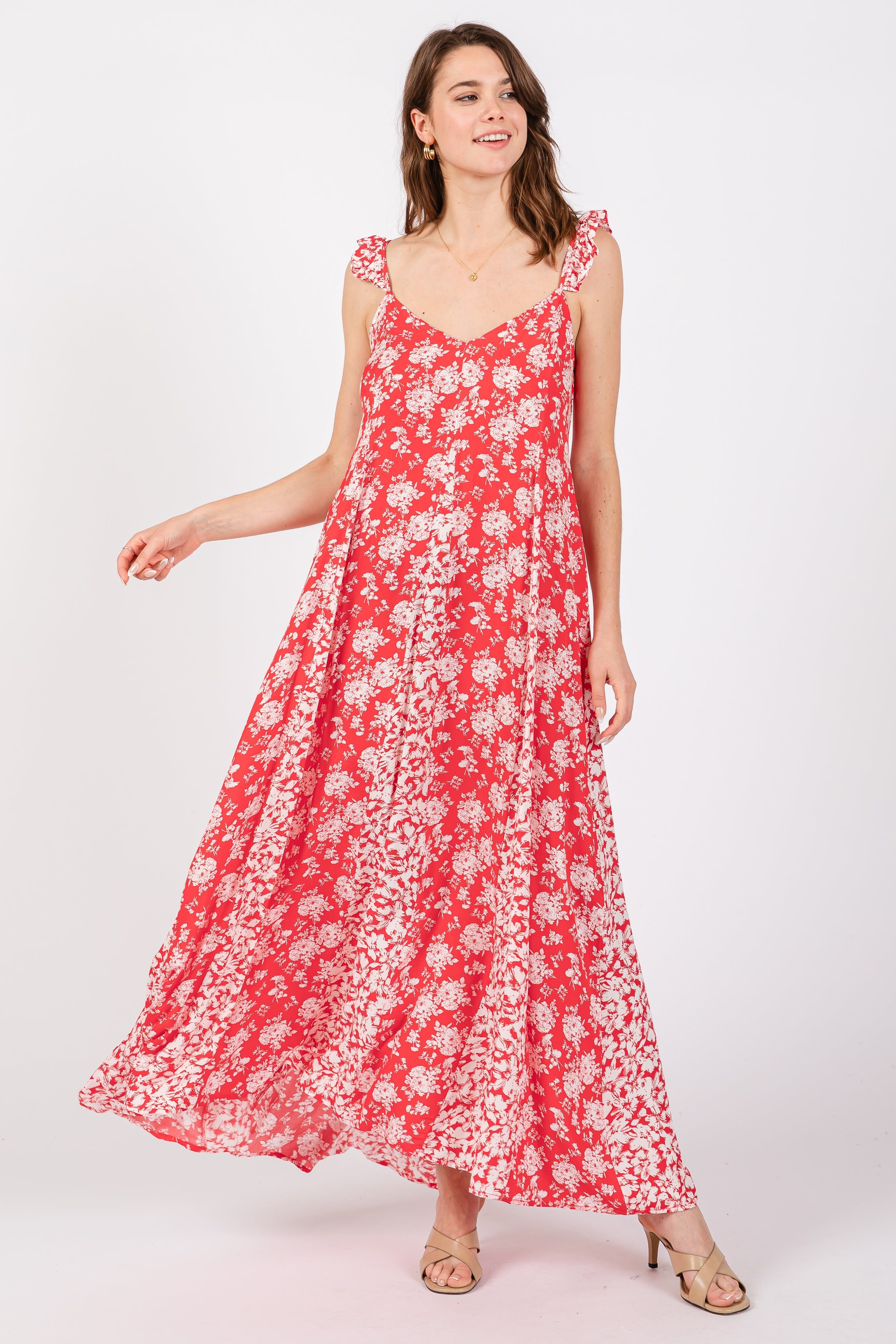 Red Floral Ruffle Shoulder Cut-Out Back Maternity Maxi Dress sold by Pinkblush product image thumbnail 4
