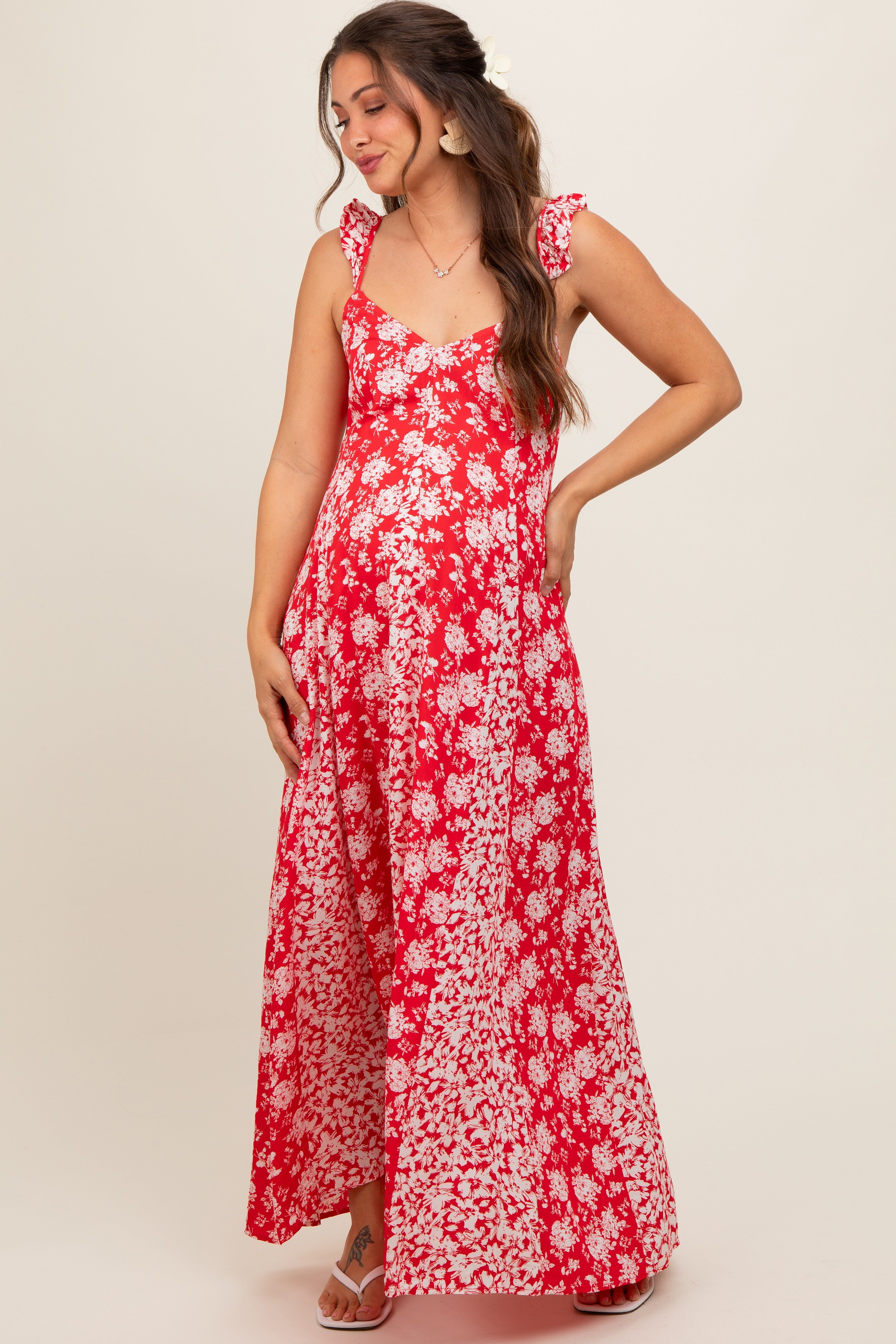 Red Floral Ruffle Shoulder Cut-Out Back Maternity Maxi Dress sold by Pinkblush