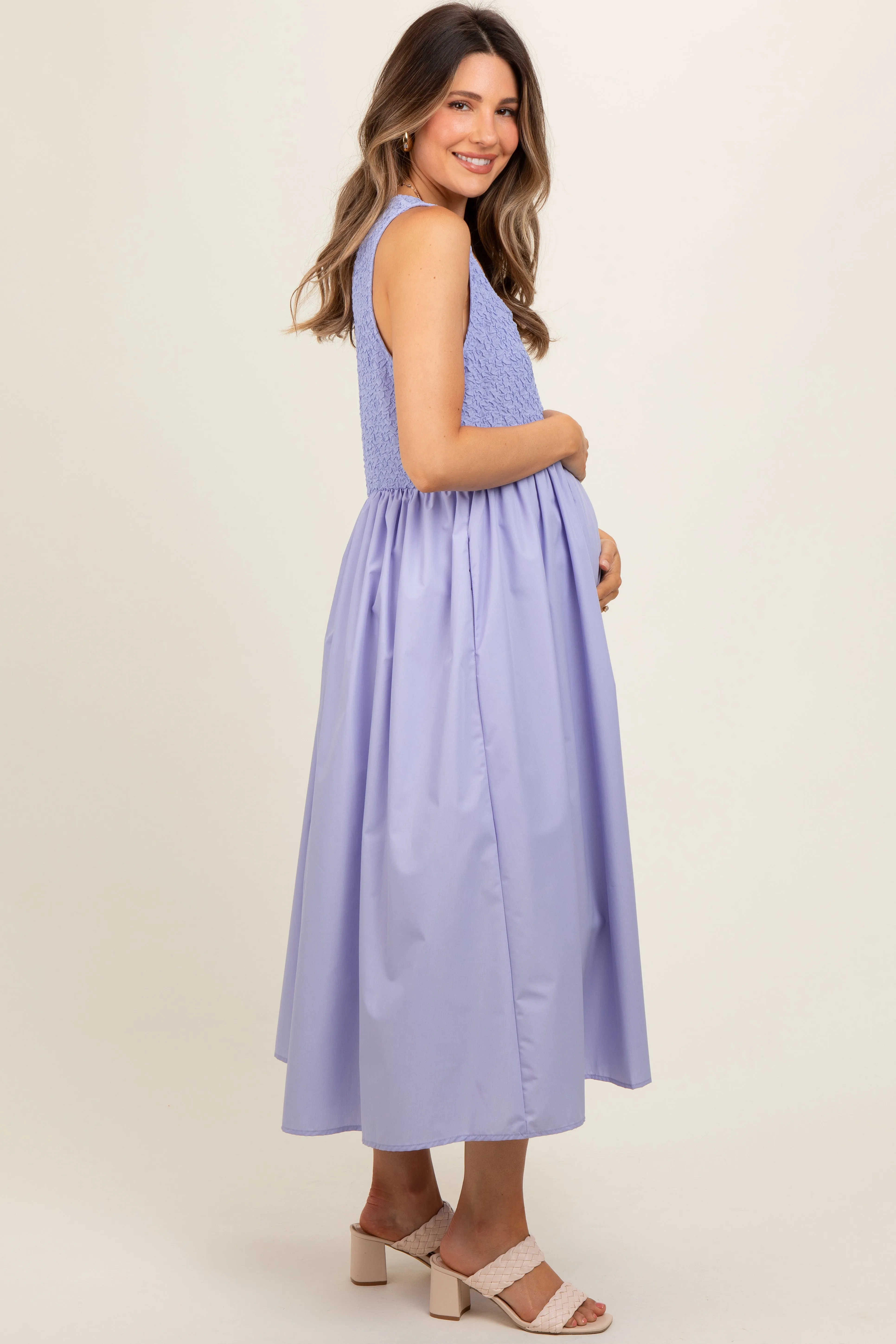Periwinkle Textured Scoop Neck Sleeveless Maternity Midi Dress sold by Pinkblush product image thumbnail 2
