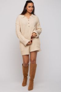 Beige Button Up Sweater Romper sold by Pinkblush