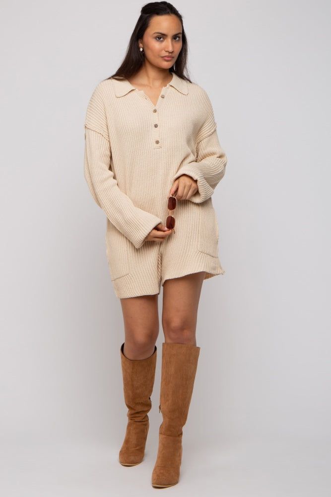 Beige Button Up Sweater Romper sold by Pinkblush product image thumbnail 2