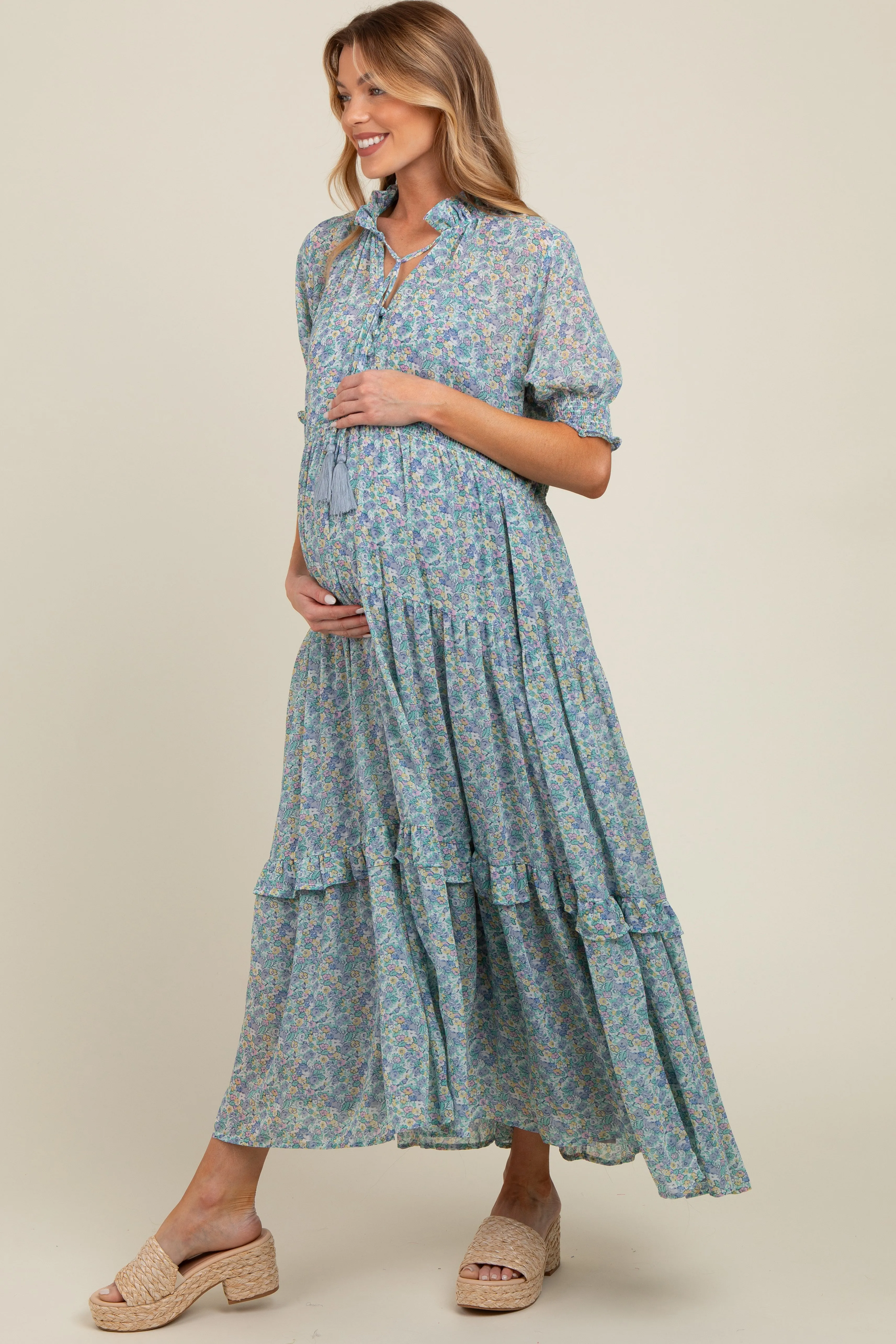 Cream Floral Chiffon Button Front Tiered Maternity Midi Dress sold by Pinkblush product image thumbnail 3
