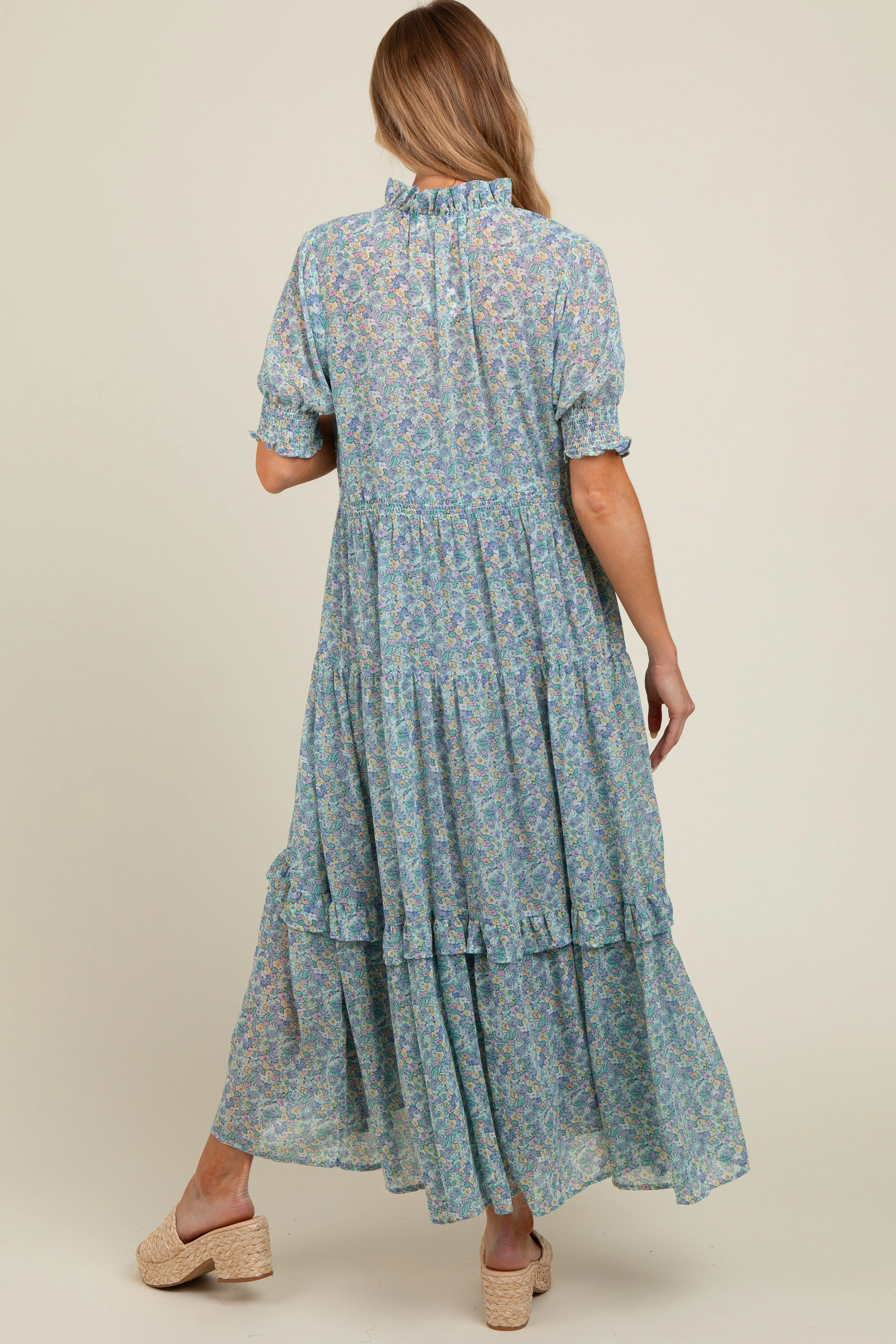 Cream Floral Chiffon Button Front Tiered Maternity Midi Dress sold by Pinkblush product image thumbnail 4