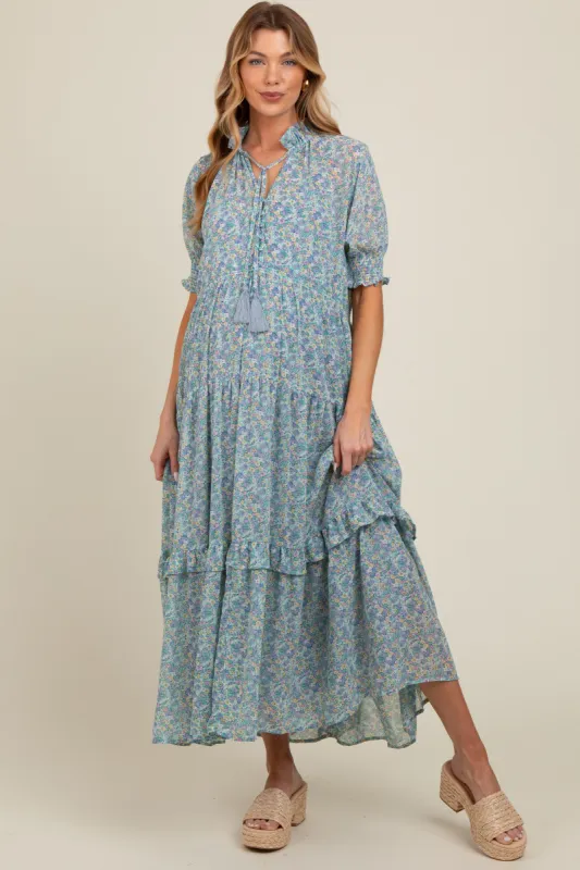 Cream Floral Chiffon Button Front Tiered Maternity Midi Dress sold by Pinkblush