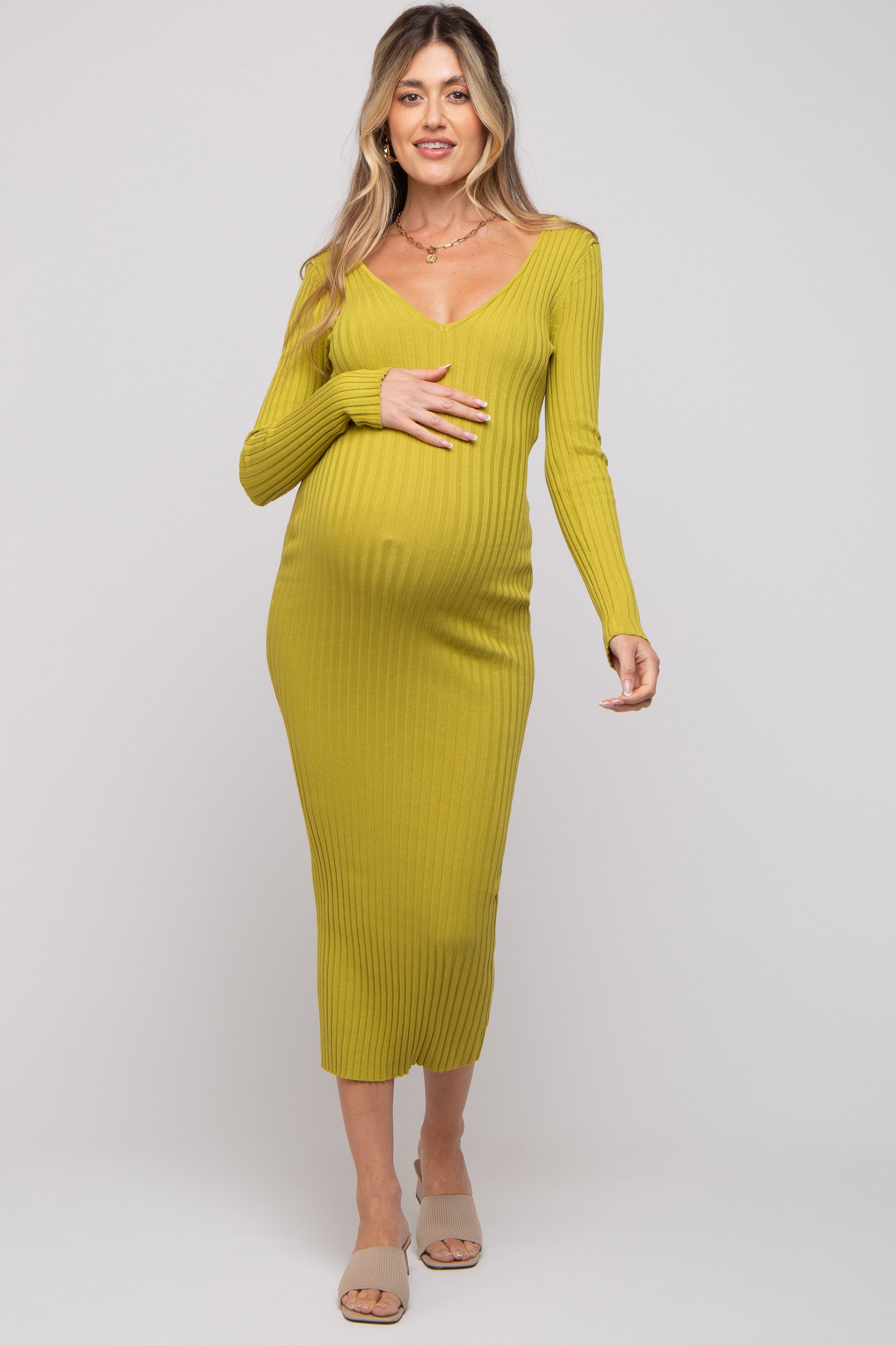 Lime V-Neck Long Sleeve Fitted Maternity Maxi Dress sold by Pinkblush product image thumbnail 2