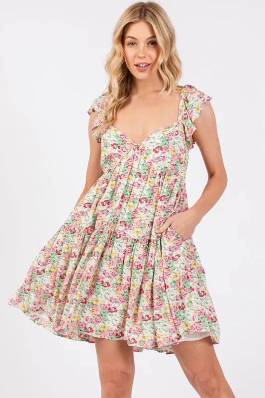 Cream Floral Tiered Mini Dress sold by Pinkblush
