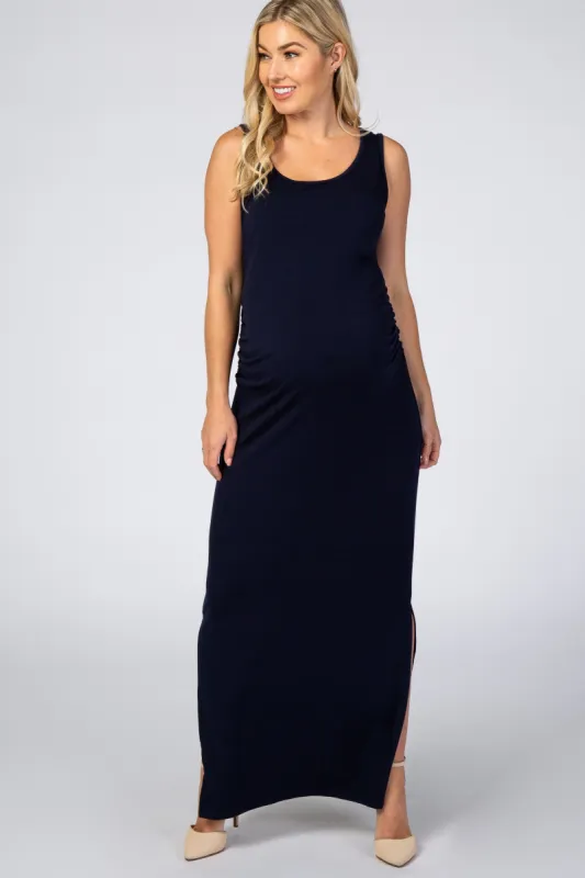 Navy Blue Sleeveless Ruched Side Slit Maternity Maxi Dress sold by Pinkblush