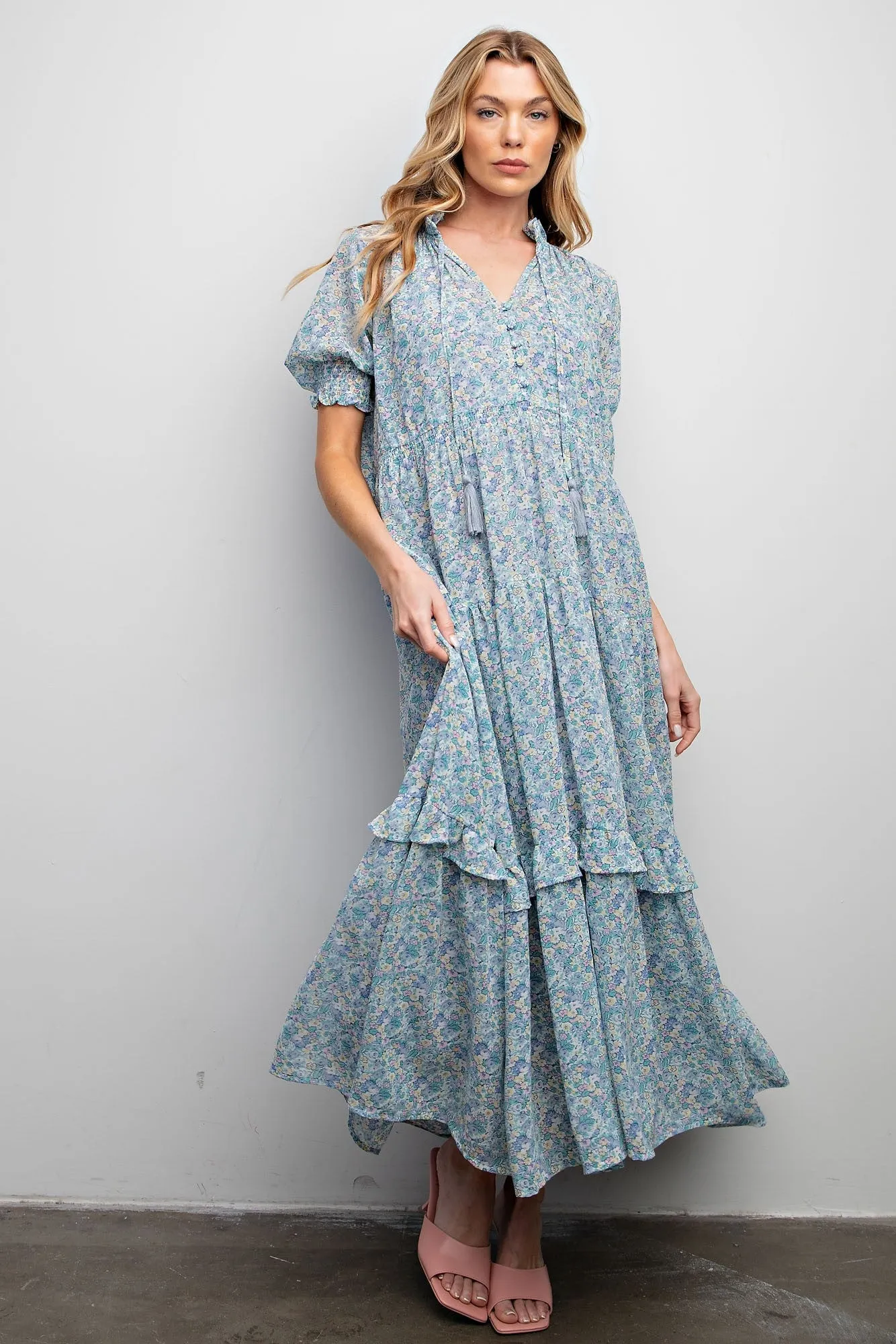 Cream Floral Chiffon Button Front Tiered Maternity Midi Dress sold by Pinkblush product image thumbnail 5