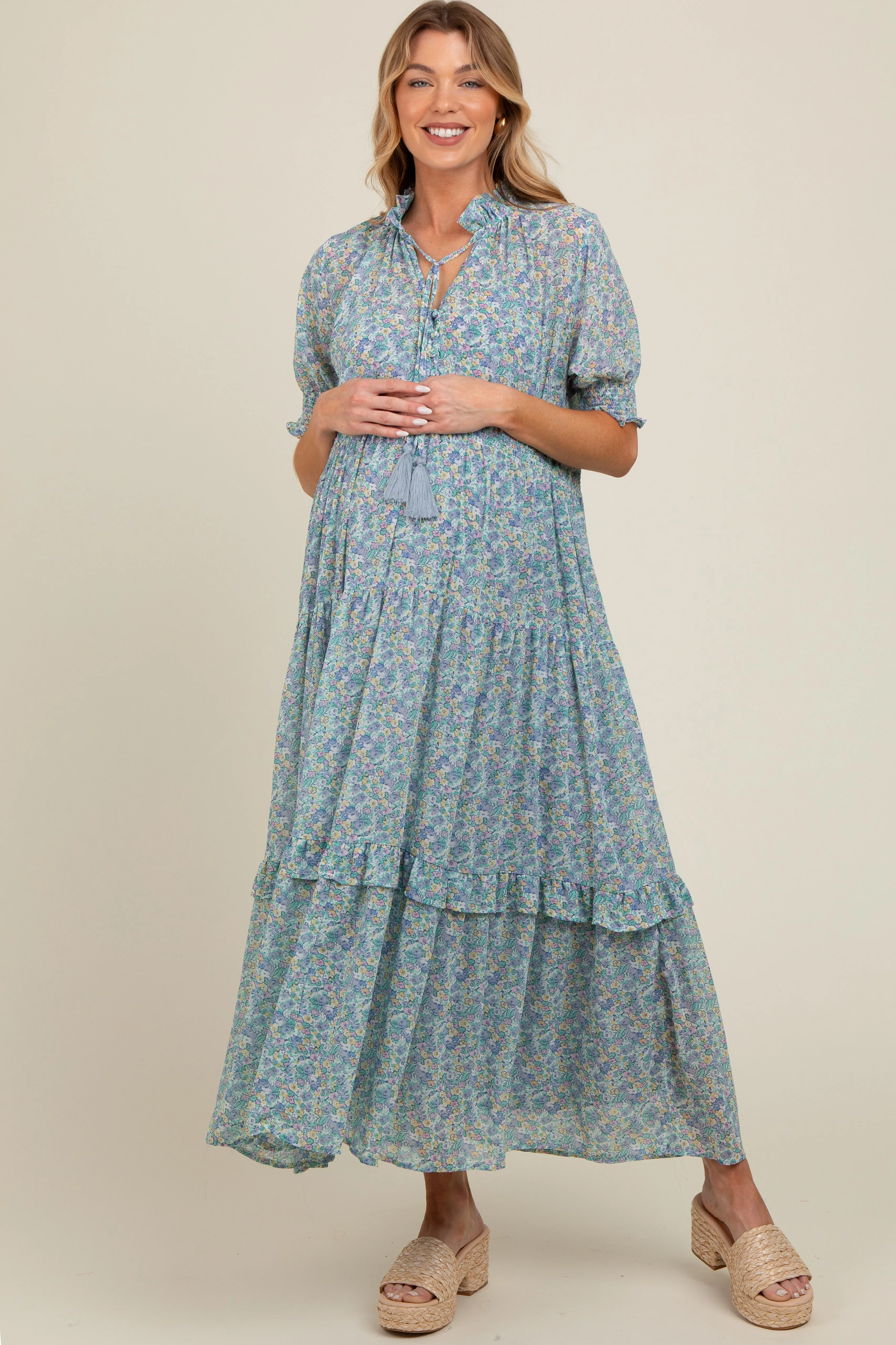 Cream Floral Chiffon Button Front Tiered Maternity Midi Dress sold by Pinkblush product image thumbnail 2