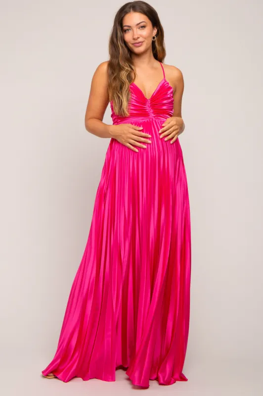 Fuchsia Satin Pleated Cutout Maternity Gown sold by Pinkblush