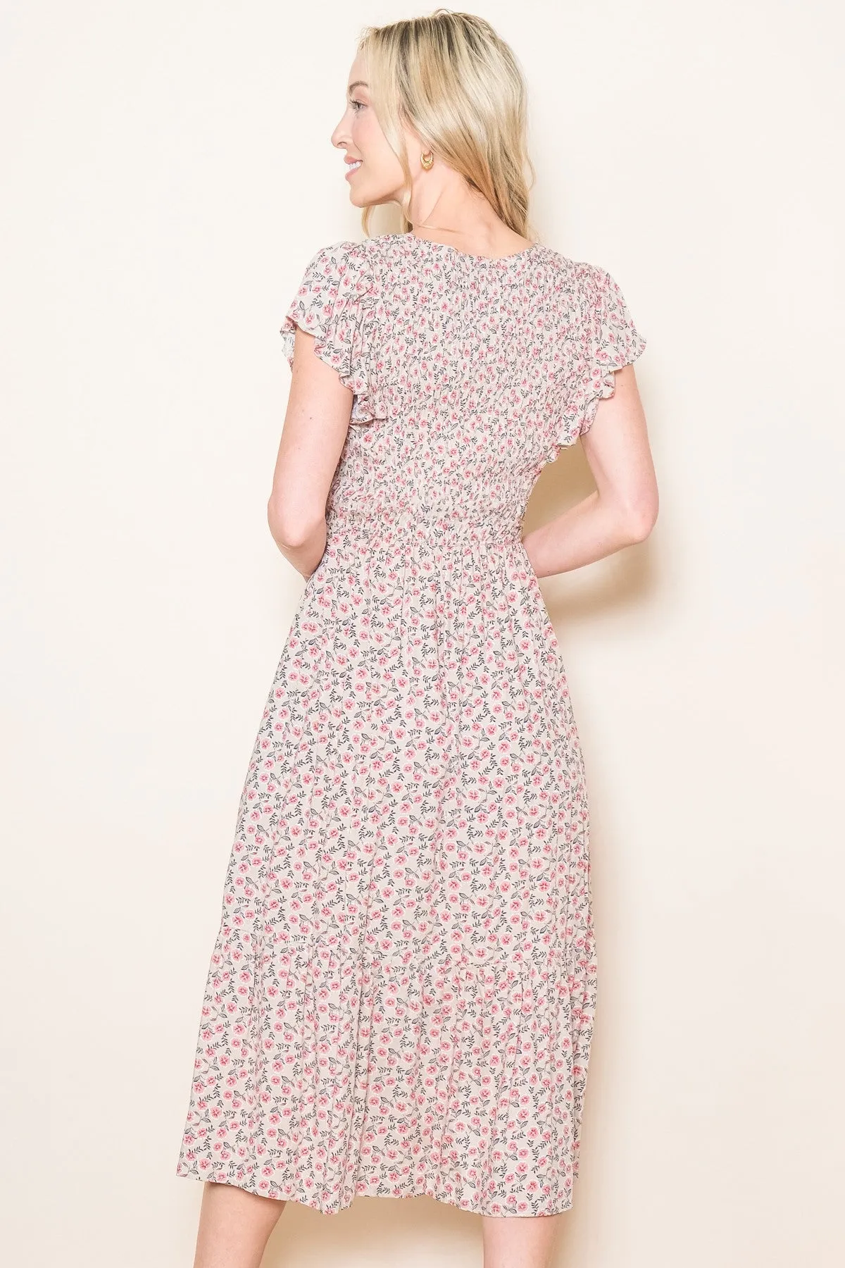 Beige Floral Smocked Midi Dress sold by Pinkblush product image thumbnail 3
