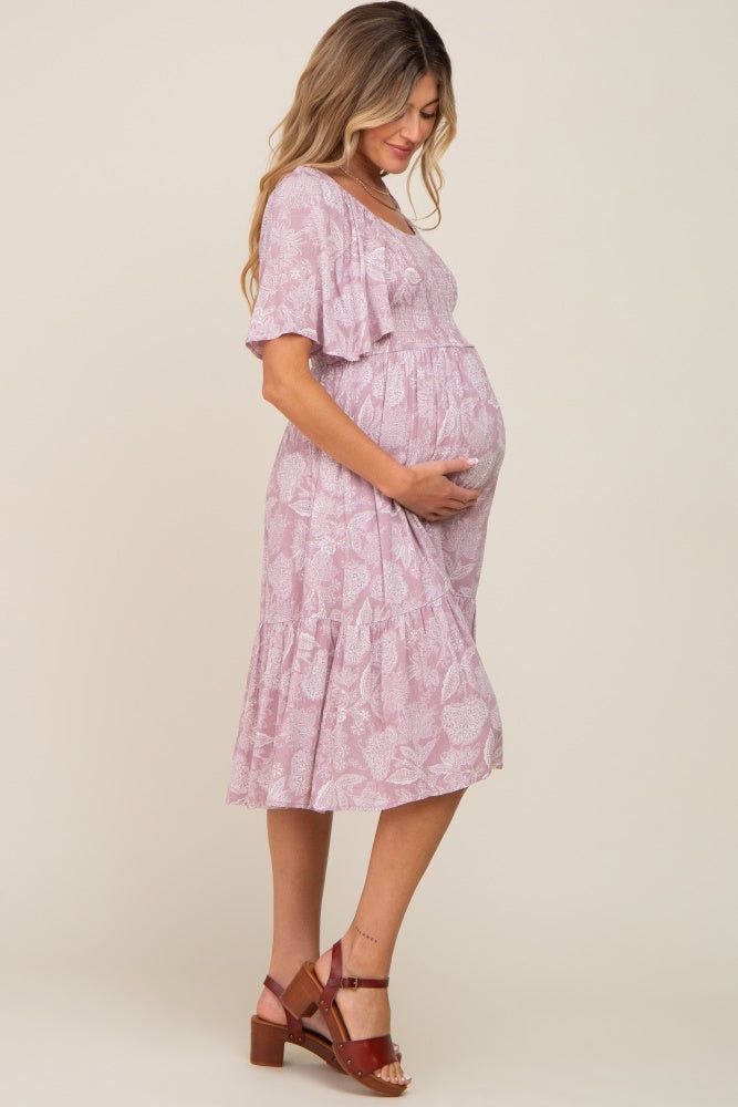 Mauve Floral Smocked Maternity Midi Dress sold by Pinkblush product image thumbnail 2