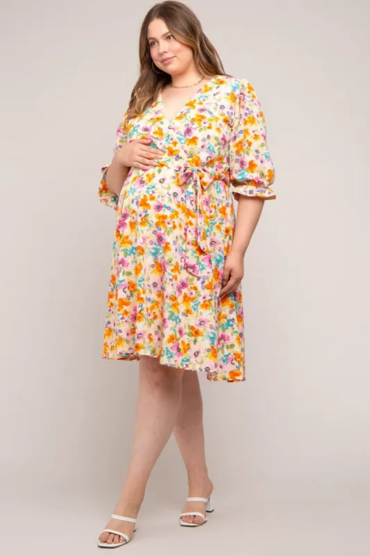 Yellow Floral 3/4 Sleeve Wrap Maternity Plus Dress sold by Pinkblush
