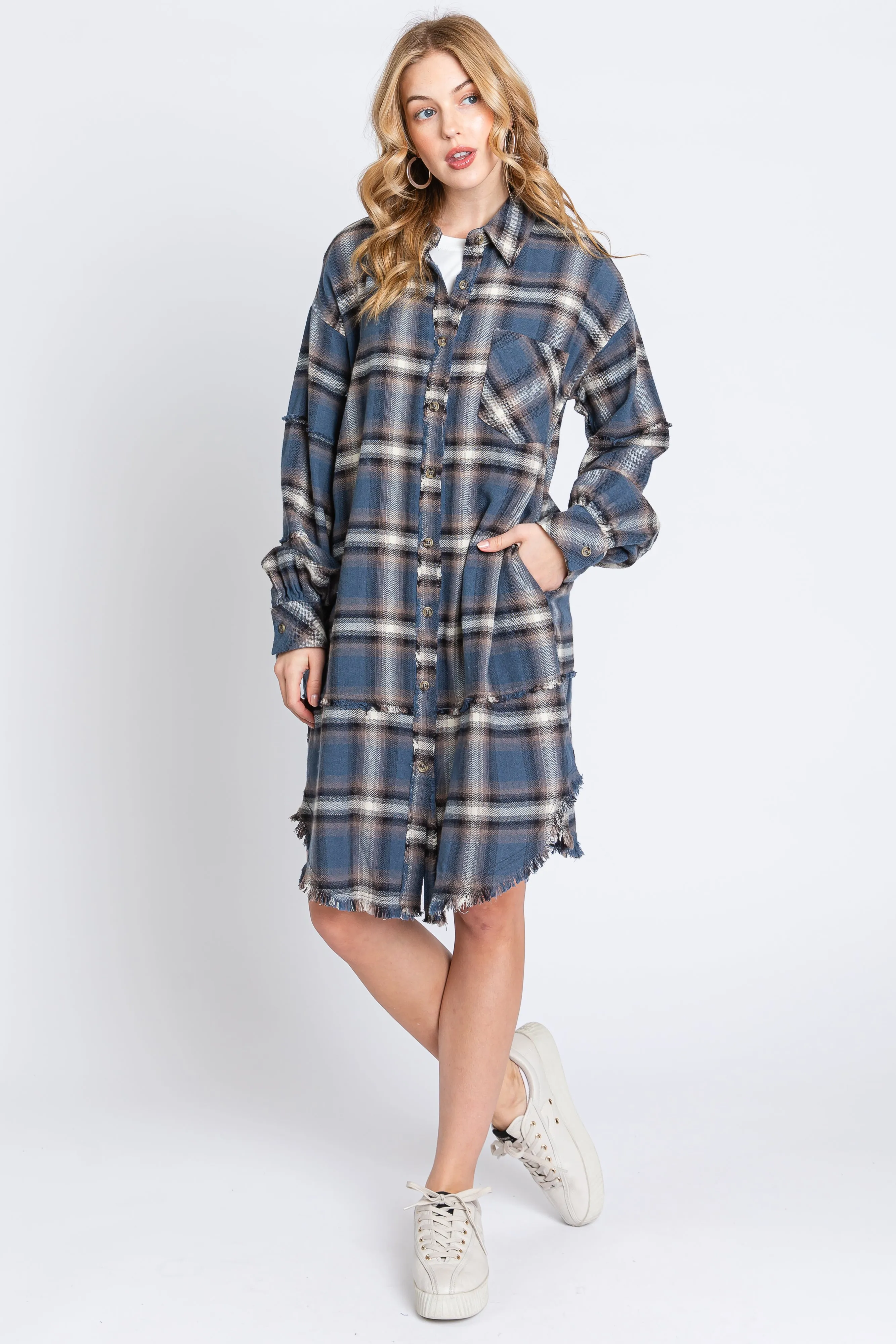 Blue Plaid Button Down Raw Hem Maternity Dress sold by Pinkblush product image thumbnail 4