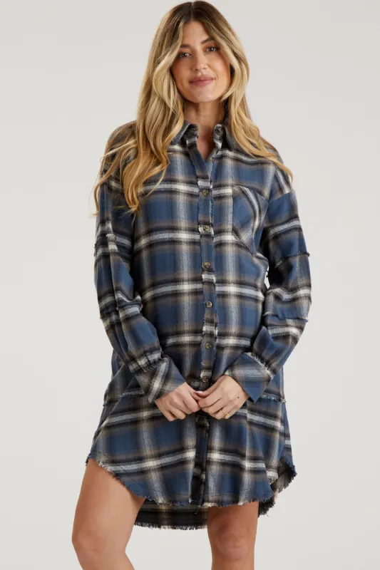 Blue Plaid Button Down Raw Hem Maternity Dress sold by Pinkblush