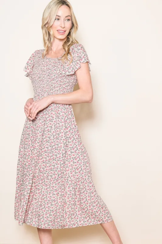 Beige Floral Smocked Midi Dress sold by Pinkblush