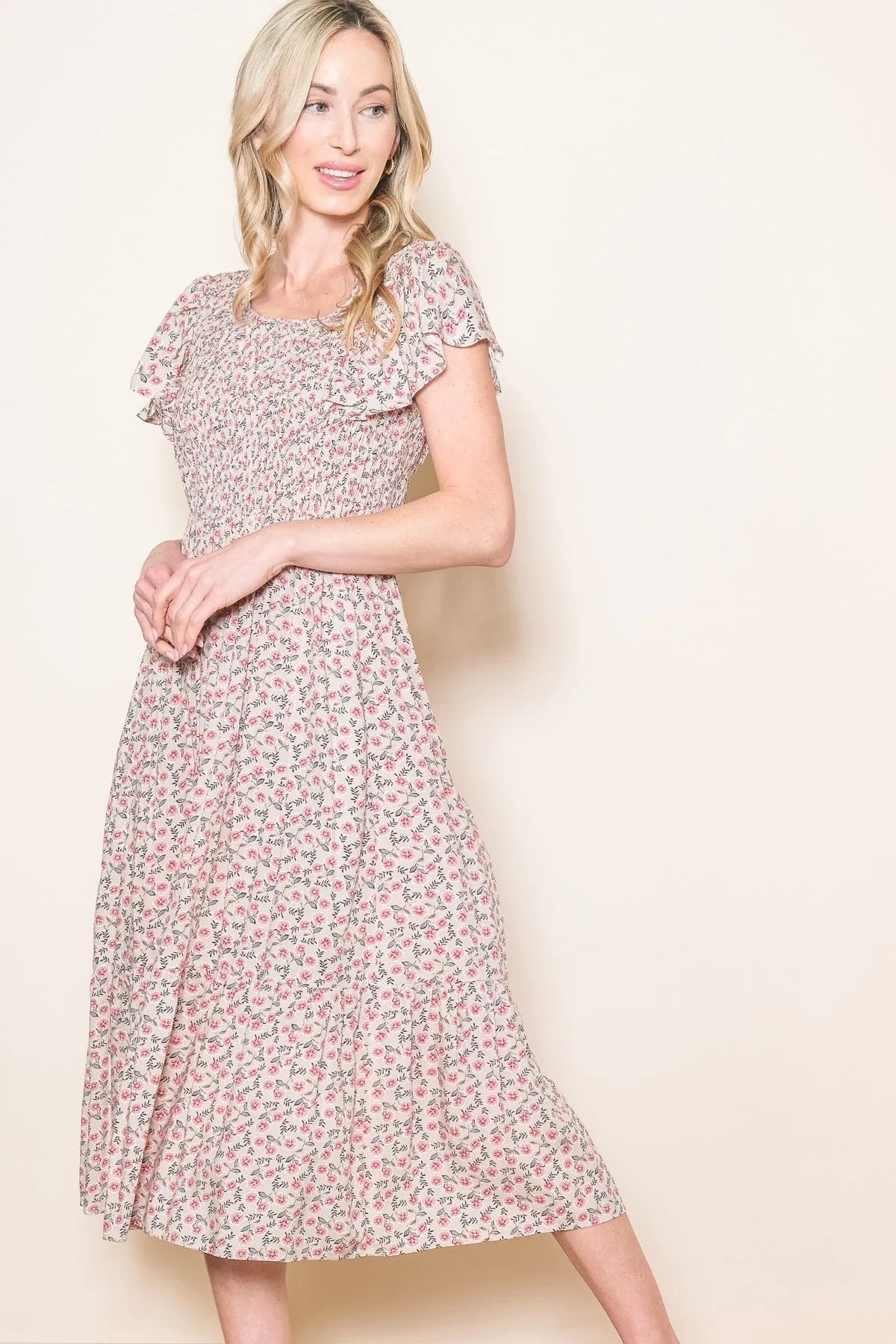 Beige Floral Smocked Midi Dress sold by Pinkblush