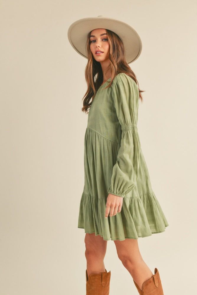 Dusty Sage Puff Long Sleeve Baby Doll Dress sold by Pinkblush product image thumbnail 2
