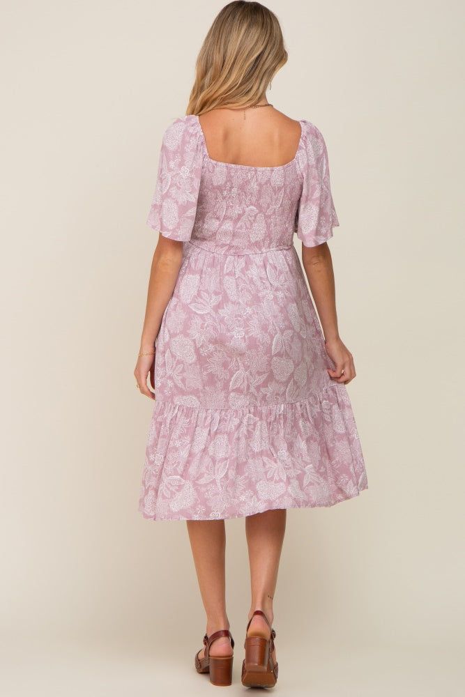 Mauve Floral Smocked Maternity Midi Dress sold by Pinkblush product image thumbnail 3