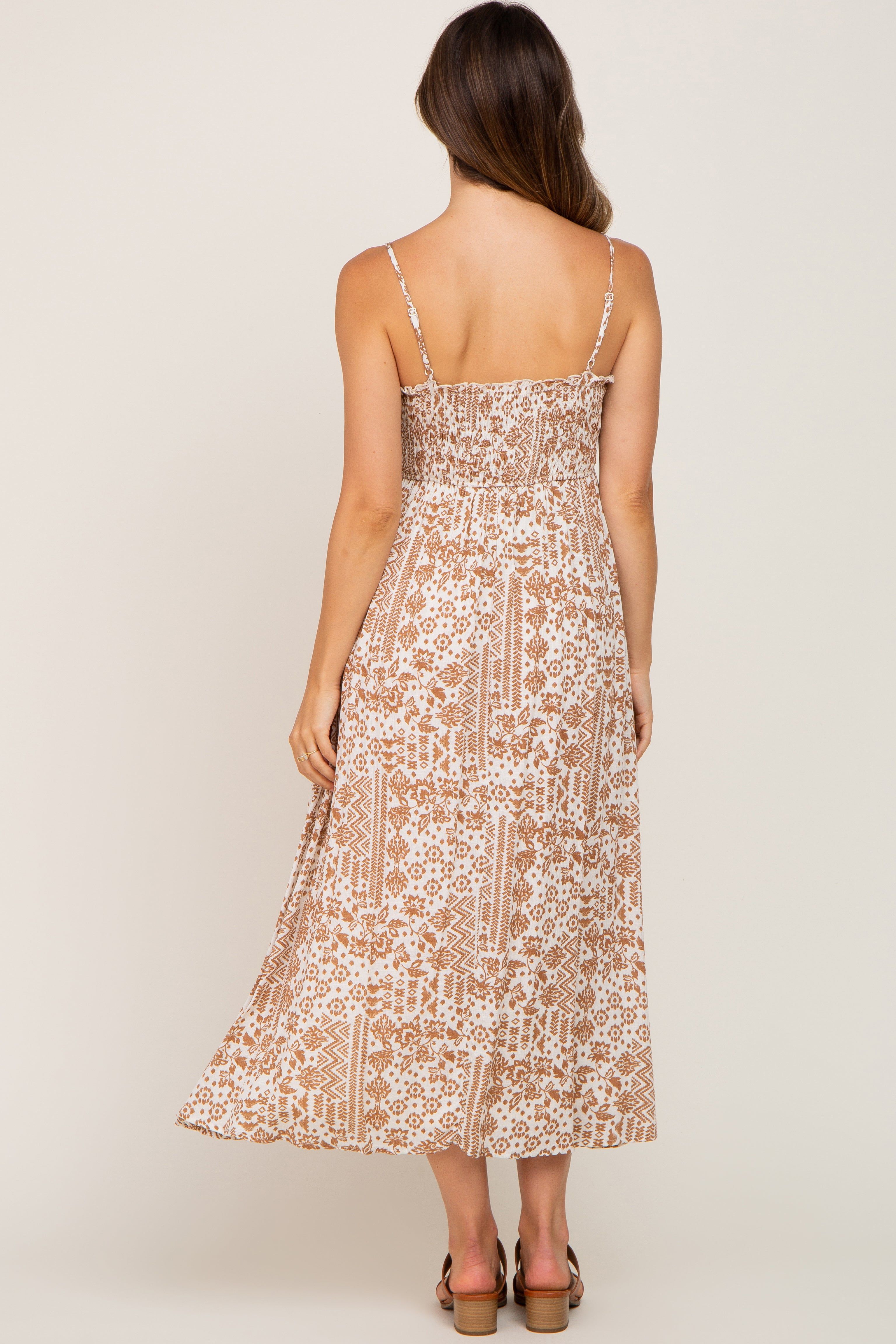 Cream Printed Sweetheart Neck Cinched Maternity Midi Dress sold by Pinkblush product image thumbnail 3