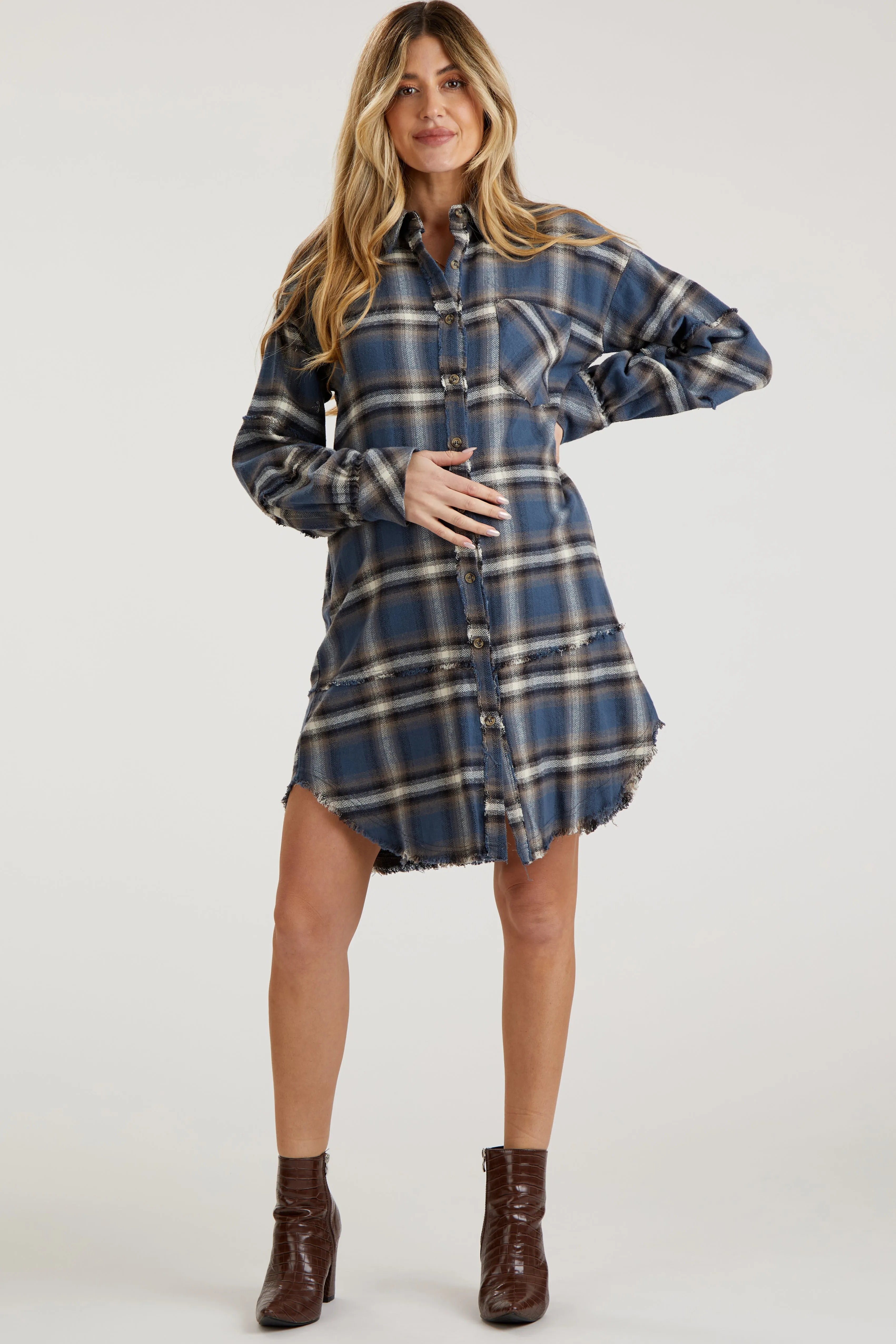 Blue Plaid Button Down Raw Hem Maternity Dress sold by Pinkblush product image thumbnail 2