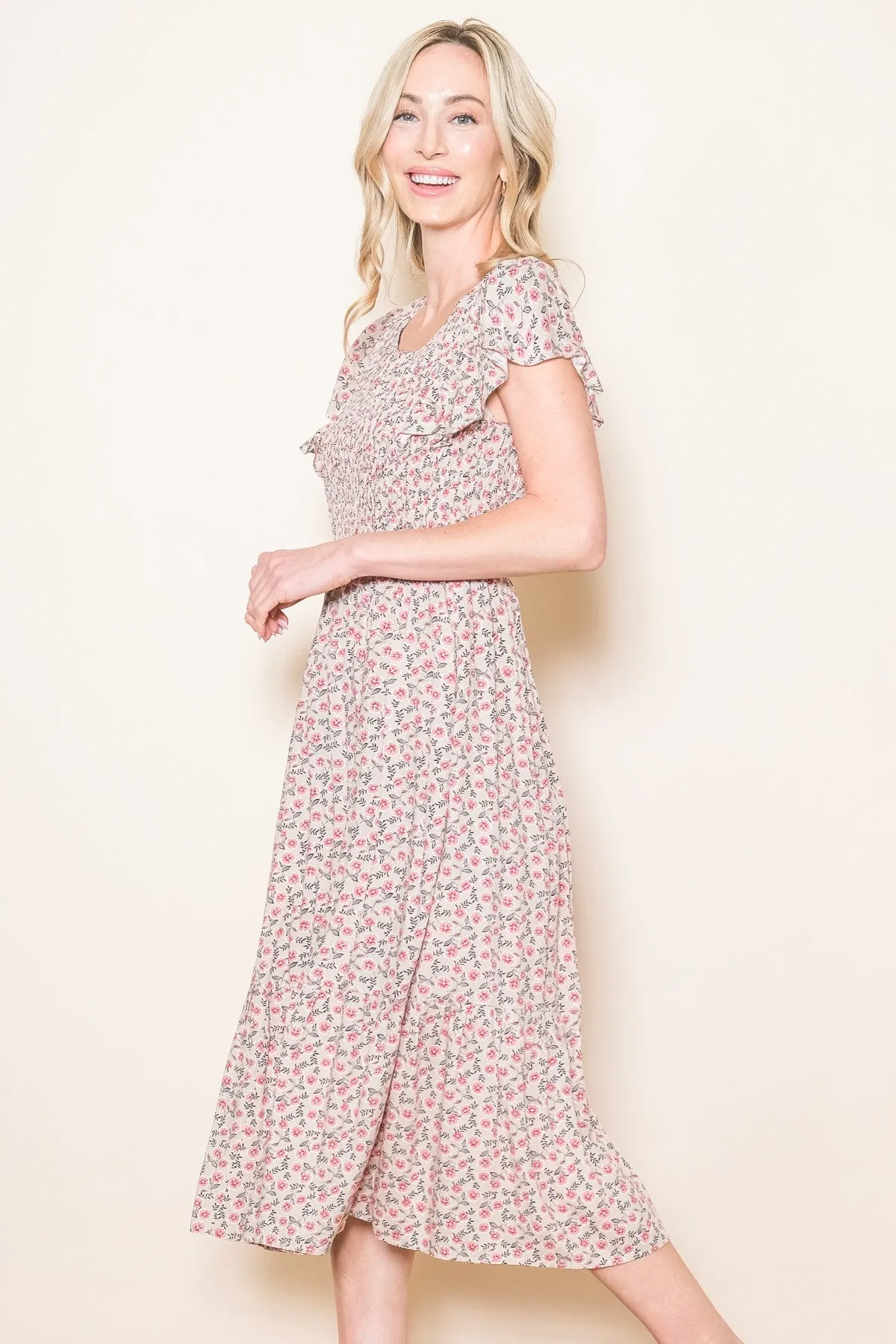 Beige Floral Smocked Midi Dress sold by Pinkblush product image thumbnail 2