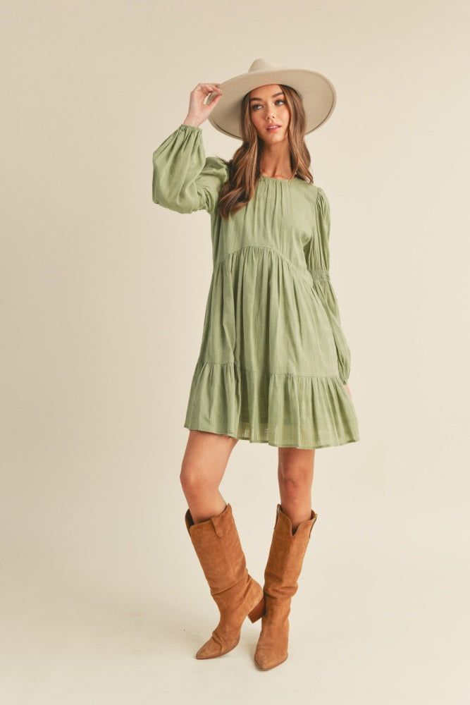 Dusty Sage Puff Long Sleeve Baby Doll Dress sold by Pinkblush product image thumbnail 3