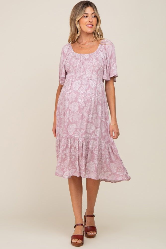 Mauve Floral Smocked Maternity Midi Dress sold by Pinkblush product image thumbnail 4