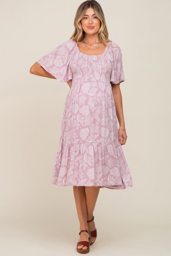Mauve Floral Smocked Maternity Midi Dress sold by Pinkblush