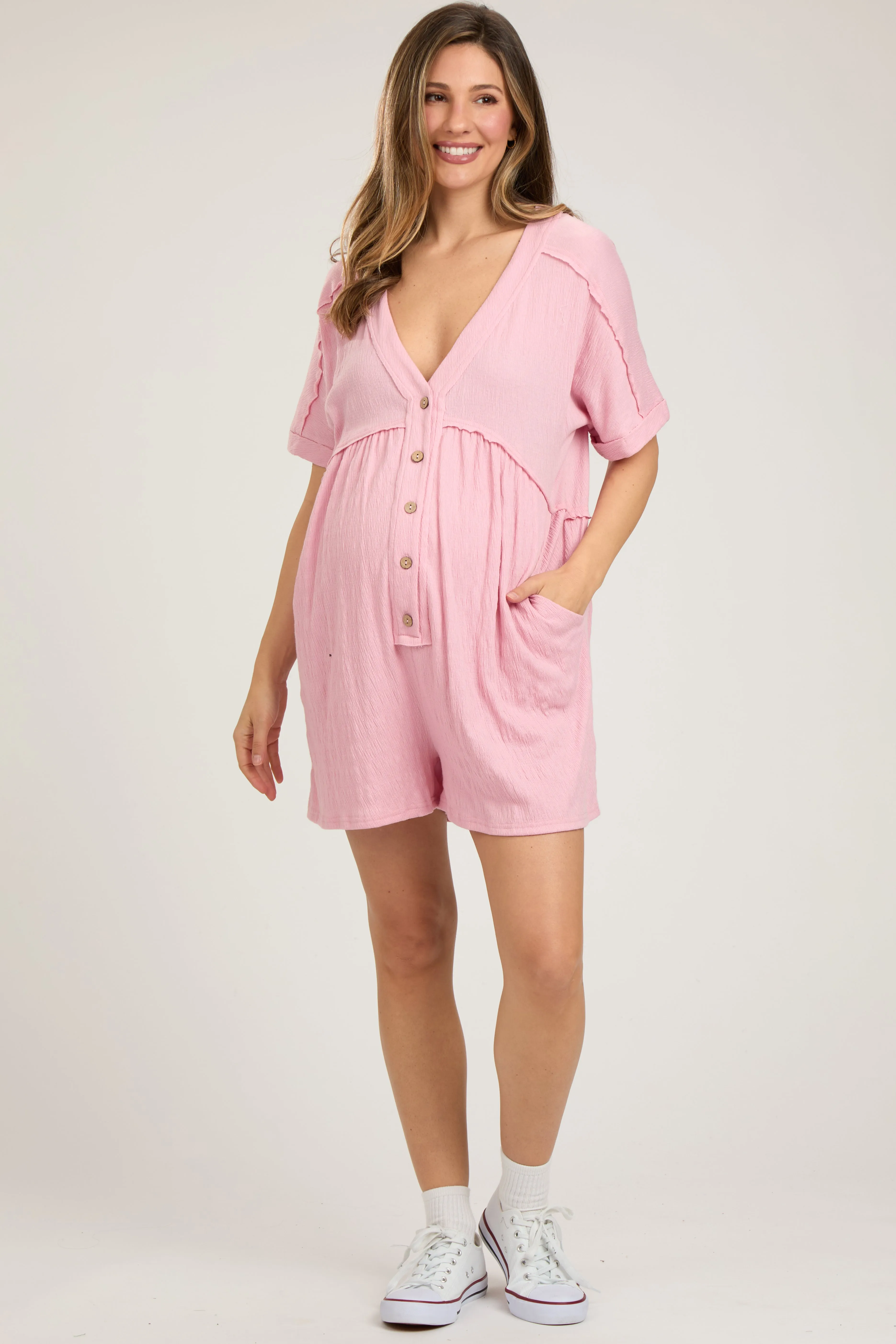 Pink Button Down Maternity Romper sold by Pinkblush