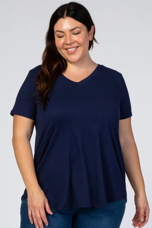 Navy Blue V-Neck Short Sleeve Plus Top sold by Pinkblush