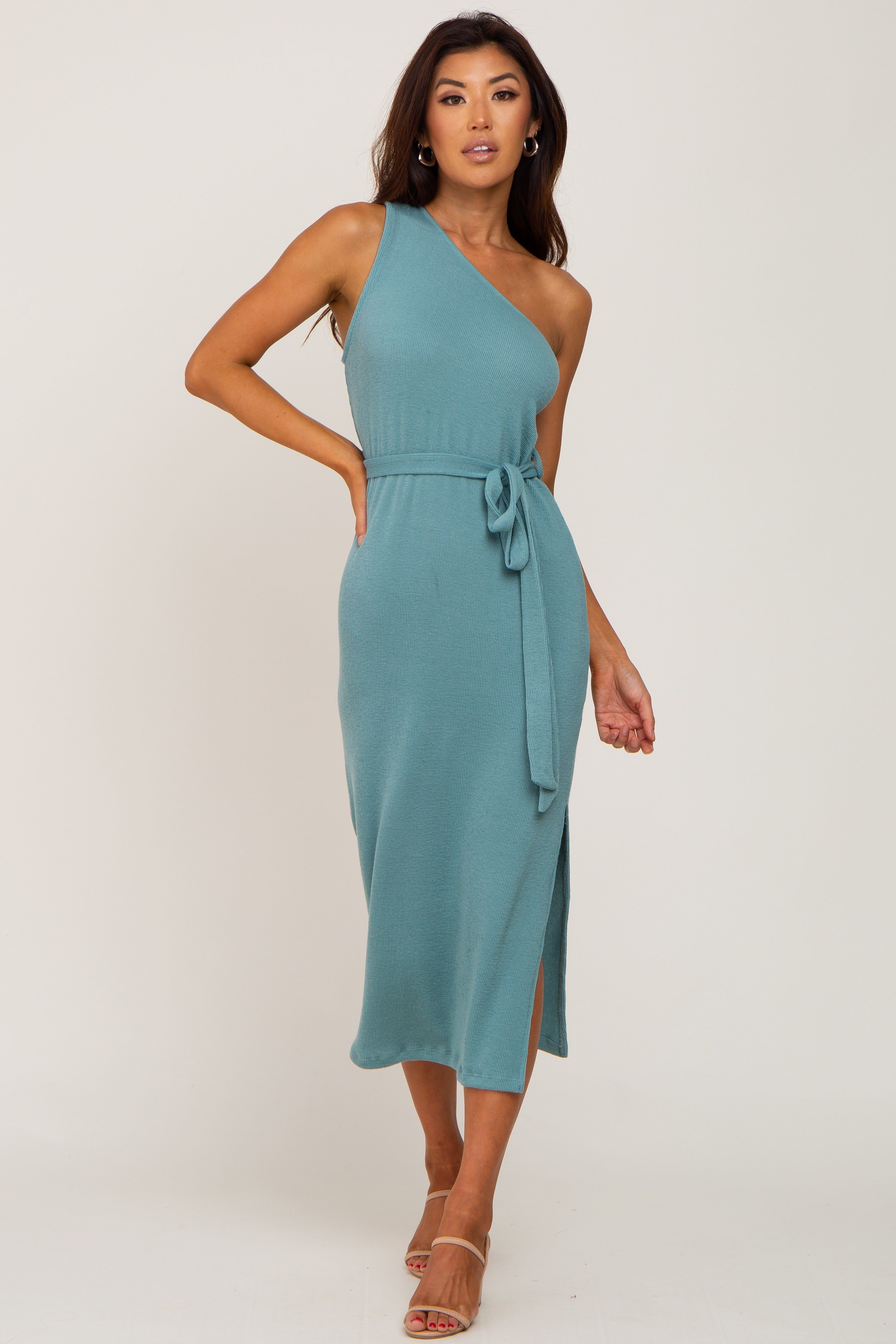 Green Ribbed One Shoulder Side Slit Midi Dress sold by Pinkblush