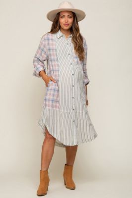 Blue Plaid Contrasting Long Maternity Shirt/Dress sold by Pinkblush