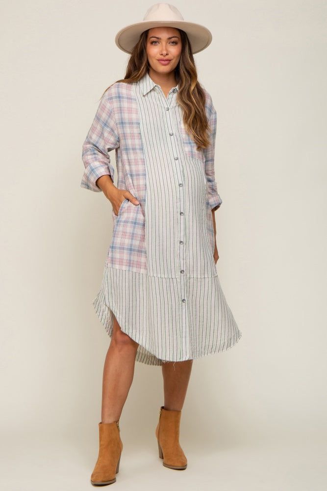 Blue Plaid Contrasting Long Maternity Shirt/Dress sold by Pinkblush