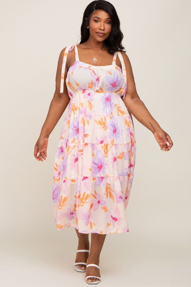 Lavender Floral Square Neck Shoulder Tie Tiered Plus Maxi Dress sold by Pinkblush product image thumbnail 5