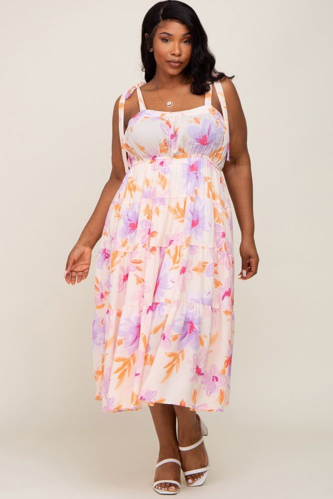 Lavender Floral Square Neck Shoulder Tie Tiered Plus Maxi Dress sold by Pinkblush product image thumbnail 2