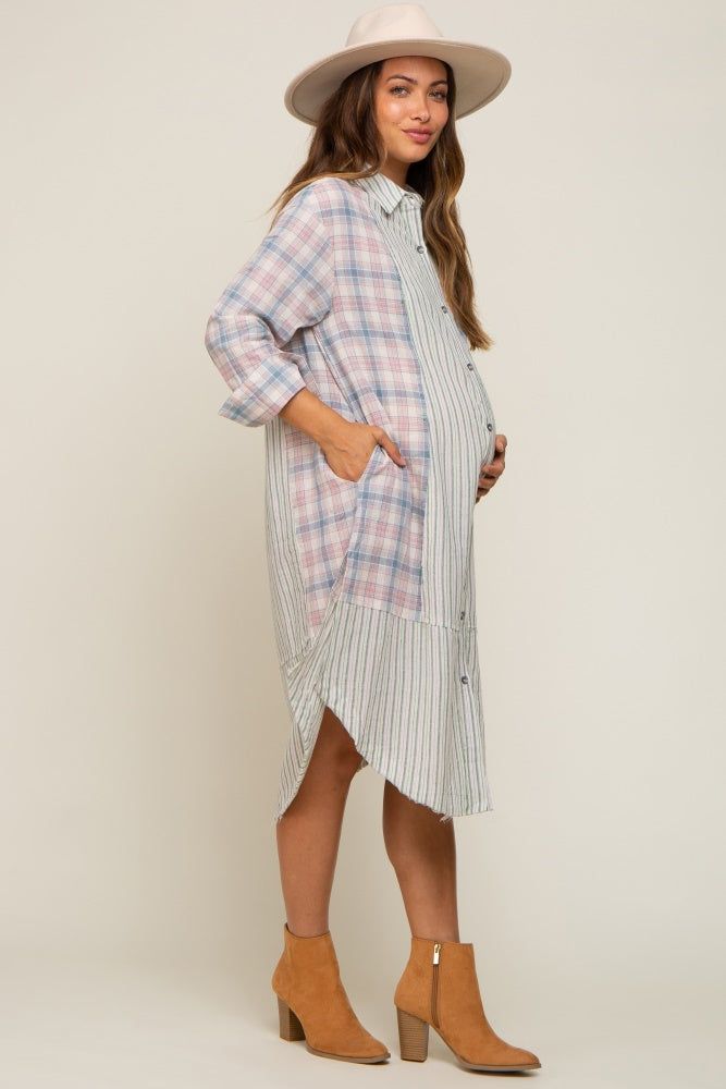 Blue Plaid Contrasting Long Maternity Shirt/Dress sold by Pinkblush product image thumbnail 2