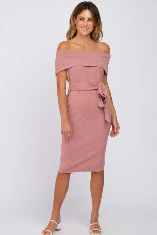 Mauve Folded Off Shoulder Waist Tie Midi Dress sold by Pinkblush