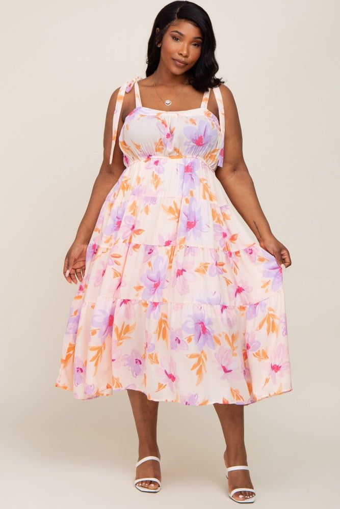 Lavender Floral Square Neck Shoulder Tie Tiered Plus Maxi Dress sold by Pinkblush