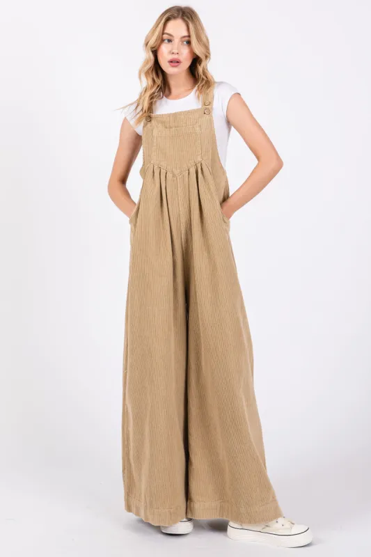Beige Corduroy Front Pleated Wide Leg Overalls sold by Pinkblush