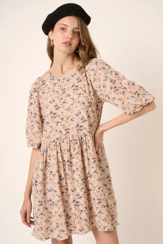 Dusty Blush Flower Print Balloon Sleeve Babydoll Mini Dress sold by Pinkblush