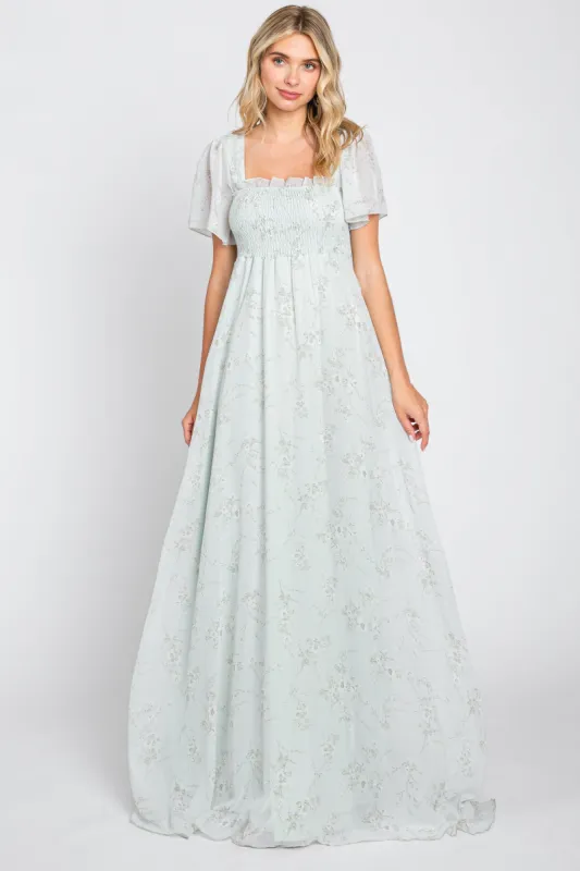 Mint Green Floral Smocked Chiffon Maxi Dress sold by Pinkblush