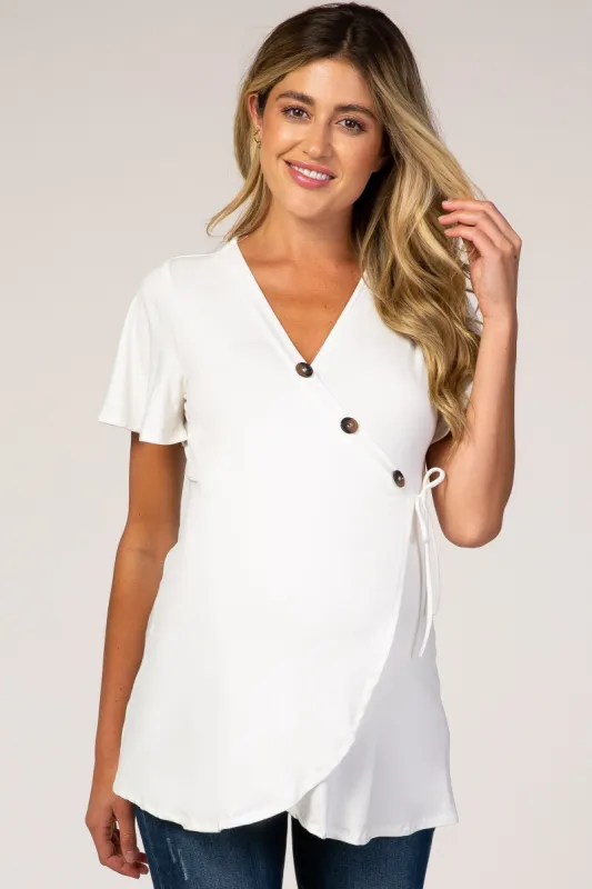 PinkBlush White Short Sleeve Button Accent Wrap Maternity/Nursing Top sold by Pinkblush