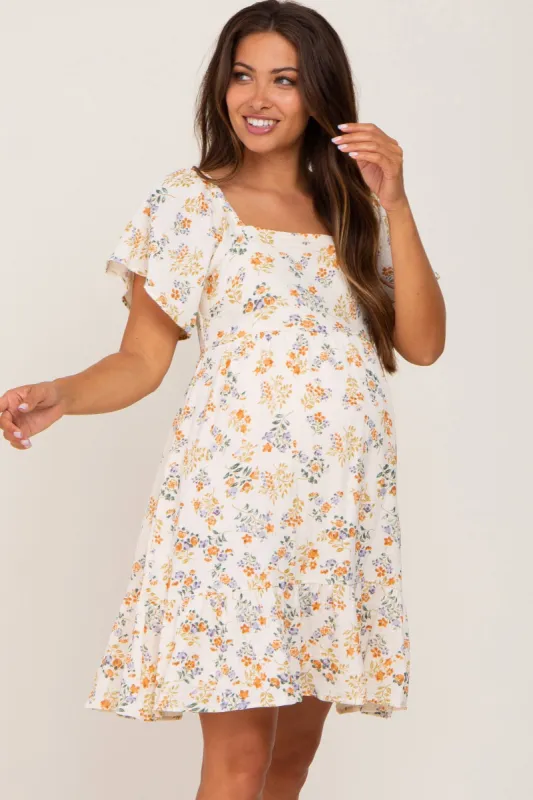 Cream Floral Gauze Square Neck Short Sleeve Maternity Dress sold by Pinkblush